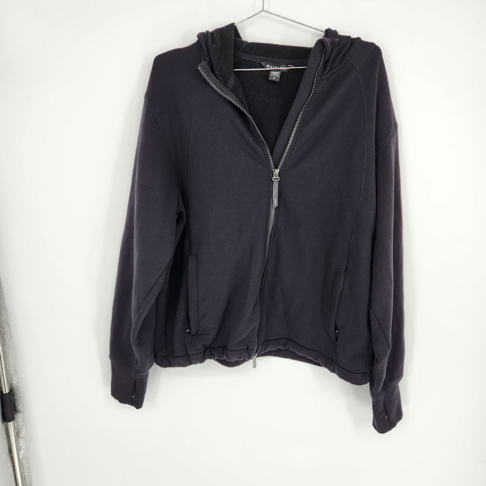 Athleta Black Full Zip Fleece Lined Hoodie Sweatshirt Thumbholes Womens Large